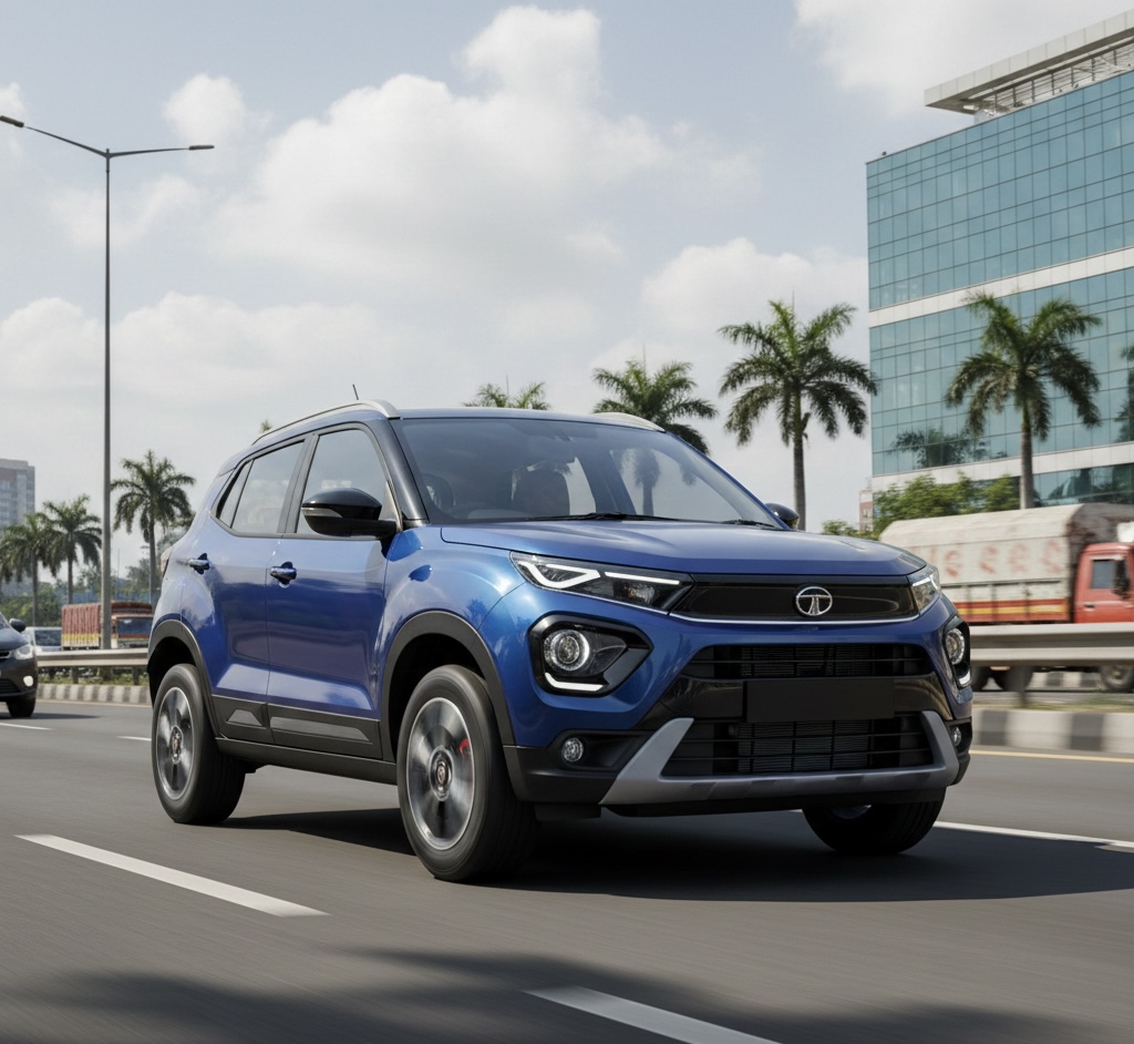 Ultra realistic Tata Punch 2026 compact SUV, modern Indian road,new LED DRLs, bold front grille, sporty alloy wheels,
daylight, cinematic angle, high resolution