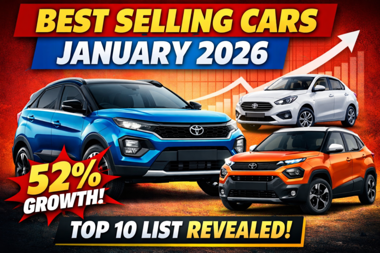 Best Selling Cars January 2026 thumbnail showing Tata Nexon, Tata Punch and Dzire with sales growth graphic