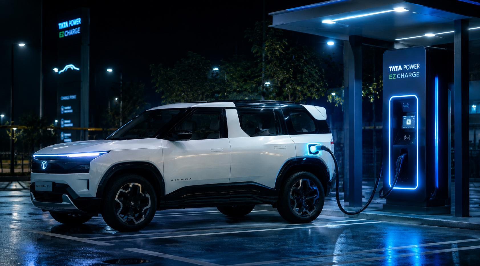 Tata Sierra EV 2026 charging at EV station night time blue glow